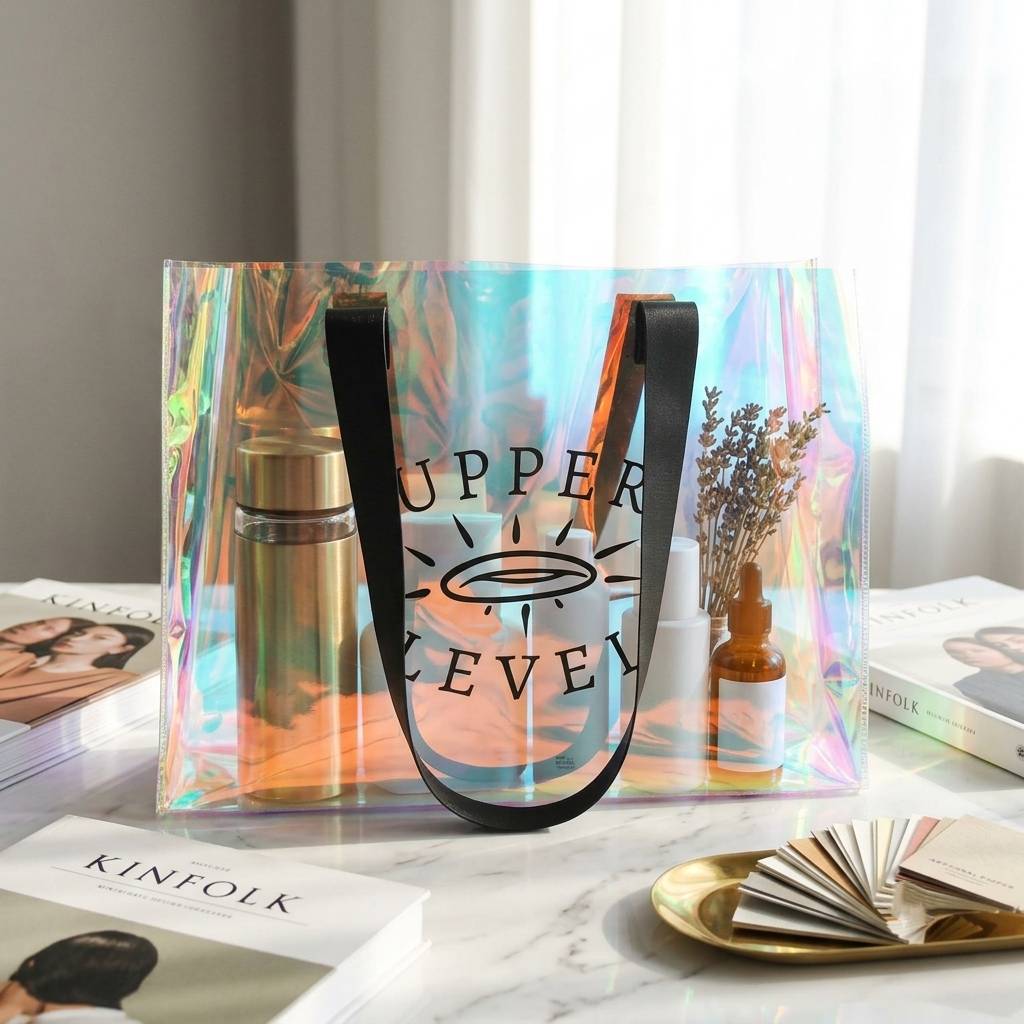 Stylish Clear Holographic Shopping Bags With Bold Black Handles