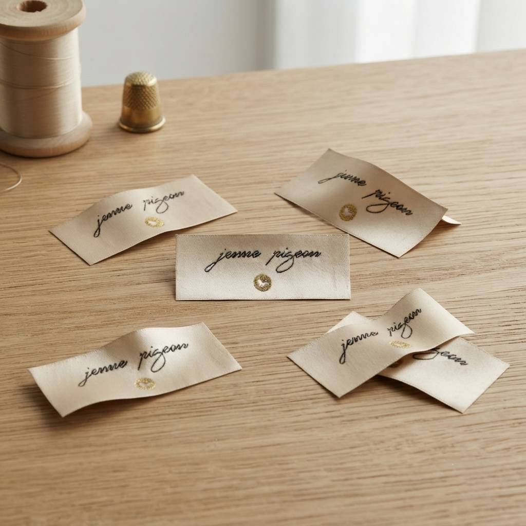 Custom Beige Woven Labels For Elegant Minimalist Clothing Branding