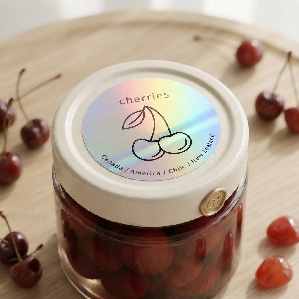 Custom Holographic Cherry Themed Circle Stickers For Fruit Packaging Custom Holographic Cherry Themed Circle Stickers For Fruit Packaging