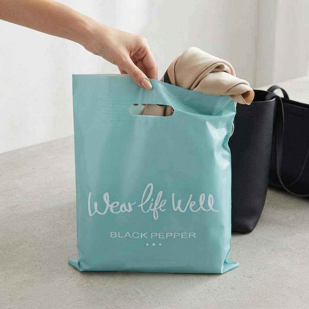 Custom Blue Plastic Merchandise Bags With Minimalist Brand Printing