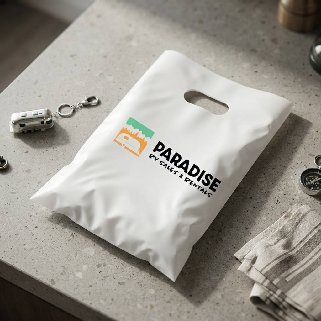 Custom Printed White Plastic Shopping Bags With Die Cut Handles